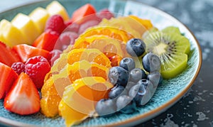 Healthy fresh fruit salad in a plate on a white table