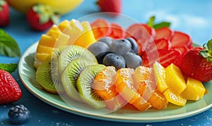 Healthy fresh fruit salad in a plate on a white table