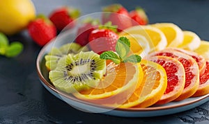 Healthy fresh fruit salad in a plate on a white table