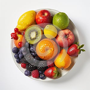 Healthy fresh fruits plate, multivitamins