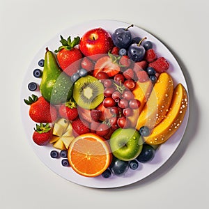 Healthy fresh fruits plate, multivitamins