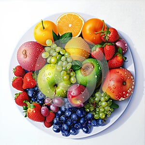 Healthy fresh fruits plate, multivitamins