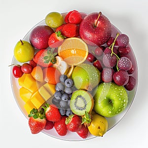 Healthy fresh fruits plate, multivitamins