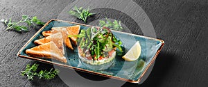 Healthy fresh salad with avocado, salmon, greens, arugula, spinach and cheese with toast in plate over dark background