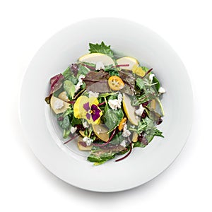Healthy fresh salad with mix greens, apple, cream cheese, cranberry, sauce and edible flowers in plate on white background