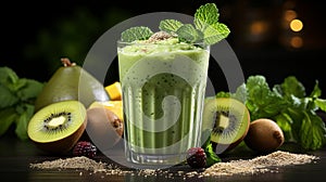 Healthy fresh smoothie drink from whey protein powder. Generative AI.