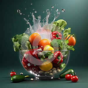 Healthy fresh vegetables in a glass bowl with a splash of icy water