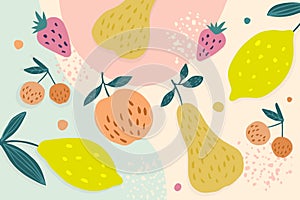 Healthy fruit doodle background. Summer fruit banner with pear, apple, cherry, strawberry, lemon