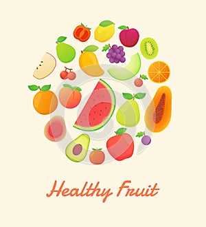 Healthy fruit nature organic nutrition white isolated background united circle shape with color cartoon flat style