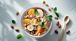 Healthy fruit and nut bowl snack overhead