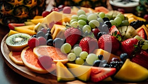 Healthy fruit salad buffet with multi colored organic berries and melons generated by AI