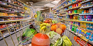 Healthy Fruit and vegetables in Grocery shop cart