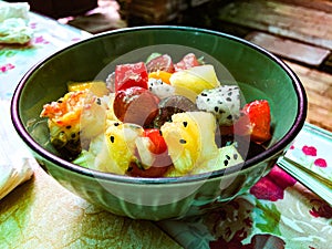 Healthy fruitbowl with tropical fruits