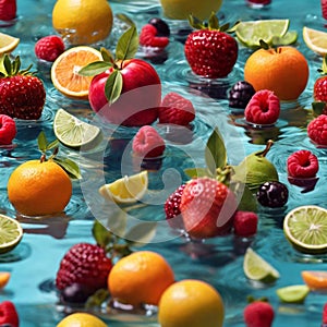 healthy fruits submerging in crystal clear water, representing the perfect balance of natural