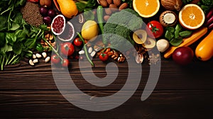 Healthy fruits, vegetables and nuts grains food clean eating selection organic raw food on dark wood background Generative AI