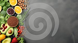 Healthy fruits, vegetables and nuts grains vegan food clean eating selection organic raw food on grey concrete Generative AI