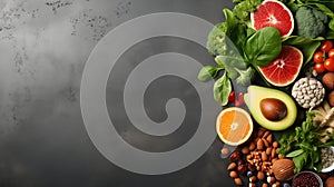 Healthy fruits, vegetables and nuts grains vegan food clean eating selection organic raw food Generative AI