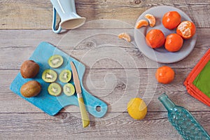 Healthy fruits on wooden table. View from above