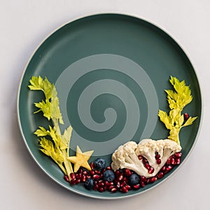 healthy fruity creative ideas for breakfast plate for children, copy space