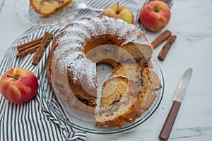 Healthy german gugelhupf, apple vanilla bundt cake on a table