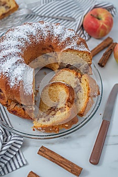 Healthy german gugelhupf, apple vanilla bundt cake on a table