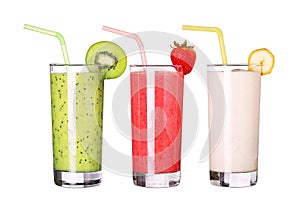 Healthy glass of smoothies collection flavor on white