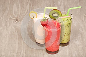 Healthy glass of smoothies collection flavor on wood