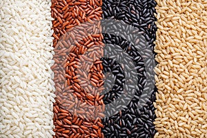 Healthy Grain Assortment: White, Red, Black, and Brown Rice AI-GENERATED