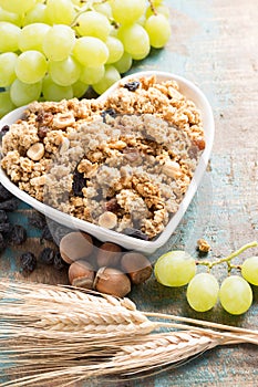 Healthy granola muesli breakfast with grape, nuts and wheat ears