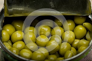 Healthy green pea metal can background