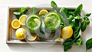 Healthy Green Smoothie with Spinach, Avocado, and Banana on White Tray