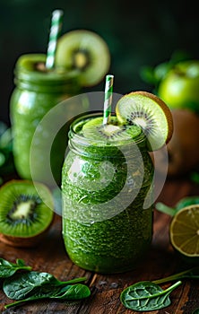 Healthy green smoothie with spinach kiwi and apple in jar