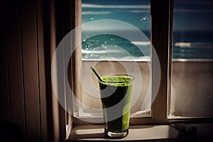 Healthy green smoothie on window sill with view of beach