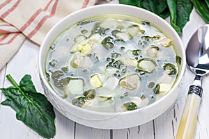 Healthy green soup with spinach, meat, potato and egg (green borscht)