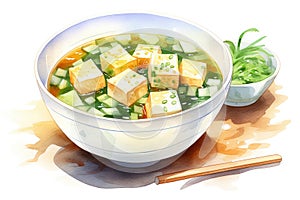 Healthy green soup vegetarian tofu cuisine dinner meal gourmet food dish background bowl