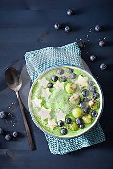 Healthy green spinach smoothie bowl with blueberry, apple stars, kiwi, chia seed
