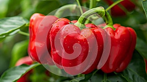 Healthy greenhouse grown red bell peppers ripening vibrantly with glossy texture