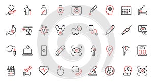 Healthy grocery food red black thin line icons set, fresh organic fruit and vegetables, water, tea.