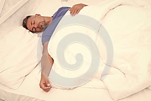 Healthy habits. Man handsome guy lay in bed sleeping. Get enough amount of sleep. Tips sleeping better. Bearded peaceful