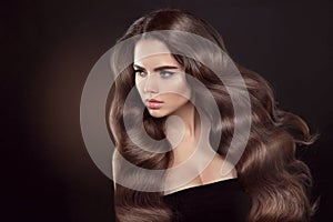 Healthy hair. Wavy hairstyle. Beautiful brunette woman model wit