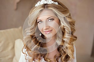 Healthy hair. Wedding makeup. Beautiful smiling girl bride with