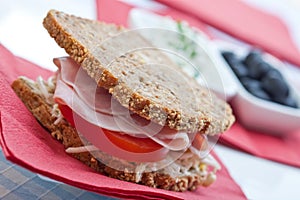 Healthy ham, cheese and tomato sandwich