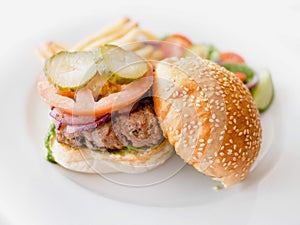 Healthy hamburger with garnish, salad and chips