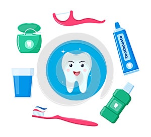 Healthy happy tooth character surrounded by dental cleaning tools, oral hygiene products. Dental health concept. Vector