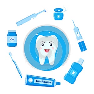 Healthy happy tooth character surrounded by dental cleaning tools, oral hygiene products. Dental health concept. Vector