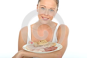 Healthy Happy Young woma n Holding a Scandinavian Breakfast