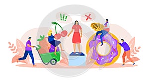 Healthy and harmful food choice, vector illustration. Nutrition with cartoon fruit diet or unhealthy junk product, flat