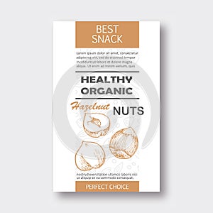 Healthy Hazelnut nut vertical label. Vector packaging design.