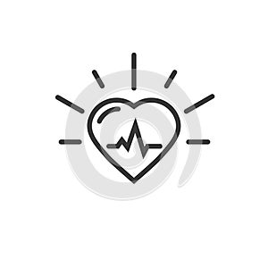 Healthy heart beating vector icon, line outline art heart symbol with pulse cardiogram isolated on white background