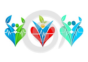 Healthy heart logo, lifestyle wellness, family healthcare, romantic leaf, love human clinic and people healthful concept design